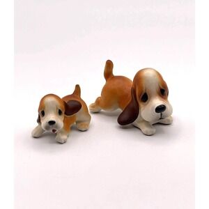 Vintage Miniature Basset Hound Dog Figurines Pair Ceramic Puppy Japan